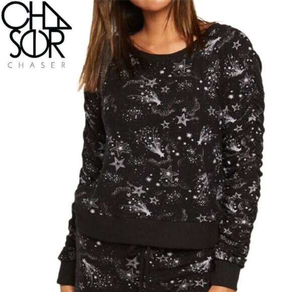 CHASER Crewneck Sweatshirt Shirred Sleeve In Mystical Star Print Long Sleeve - Picture 1 of 8